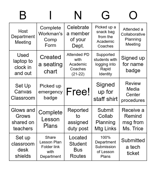 Department Chair Bingo Card