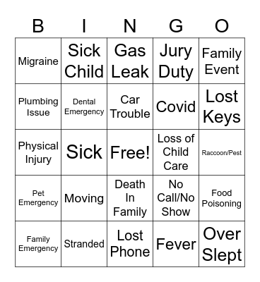 Late / Call Off Bingo Card