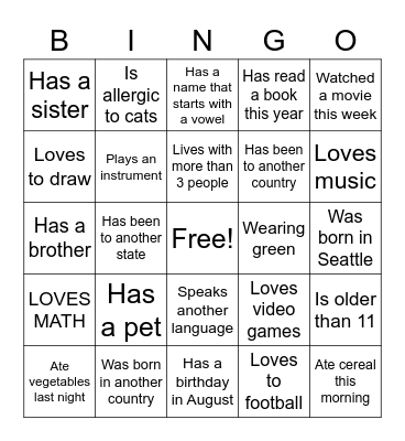 Getting to Know You Bingo Card