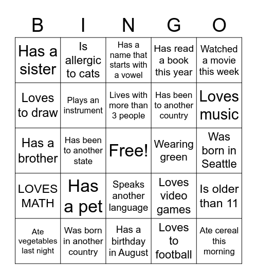 Getting to Know You Bingo Card