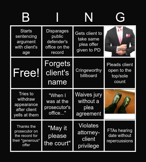 Private Attorney Bingo Card