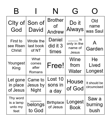 Bible Quize Bingo Card