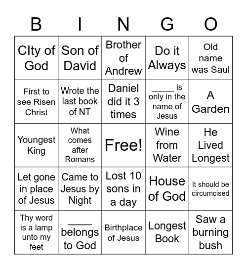 Bible Quize Bingo Card