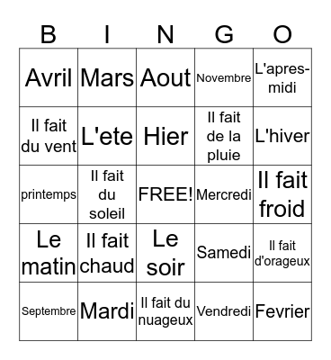 Bingo a la Francais Bingo Card
