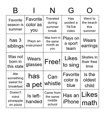 Find Someone in the Class Who... Bingo Card
