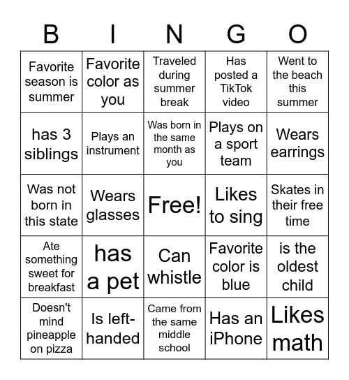 Find Someone in the Class Who... Bingo Card