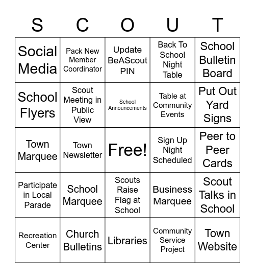 Cub Scout Recruitment Bingo Card