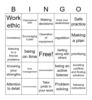 Vocational Bingo Card