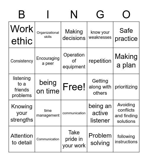 Vocational Bingo Card