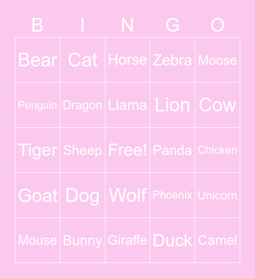 Animals Bingo Card