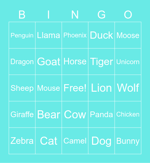 Animals Bingo Card