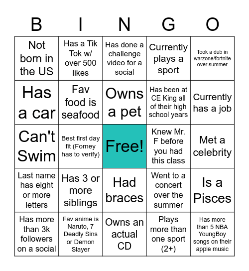 Get To Know You! Bingo Card