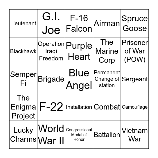 Military Bingo Card