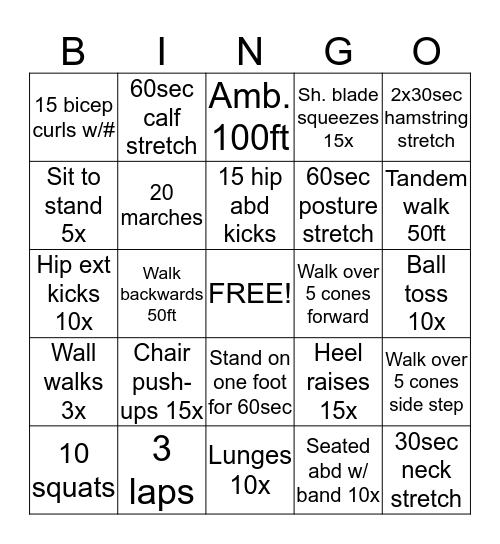 Exercise Bingo Card