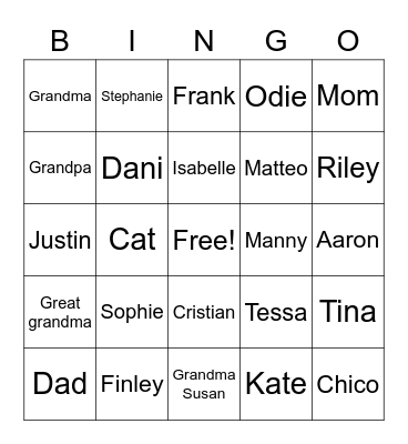 Family members Bingo Card
