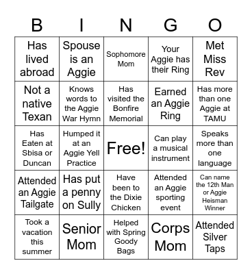 Aggie Mom Howdy Bingo Card