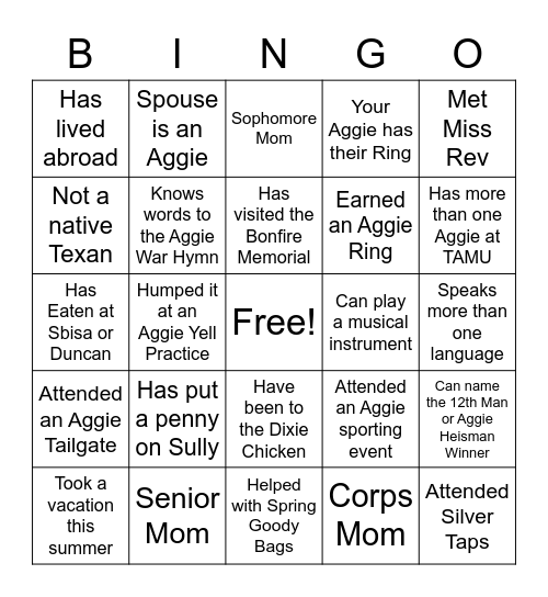 Aggie Mom Howdy Bingo Card