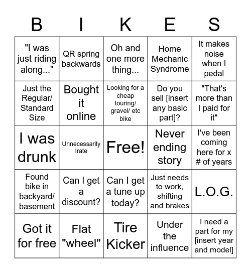 Bike Shop Bingo Card