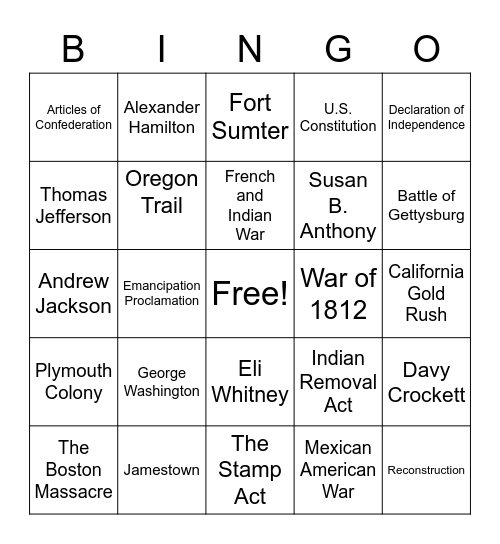 U.S. History Bingo Card