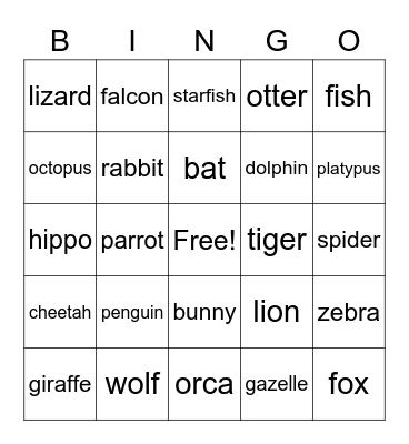 Animal Bingo Card