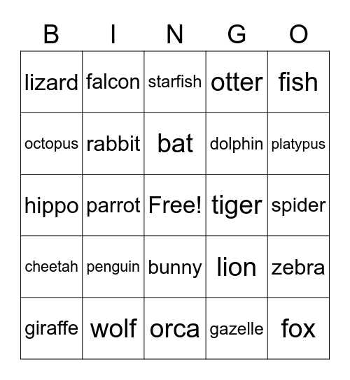 Animal Bingo Card