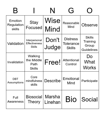 Orientation and Mindfulness Bingo Card
