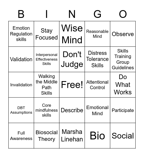 Orientation and Mindfulness Bingo Card