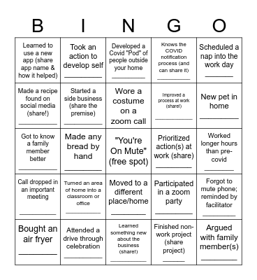Work-Life Pandemic Bingo Card