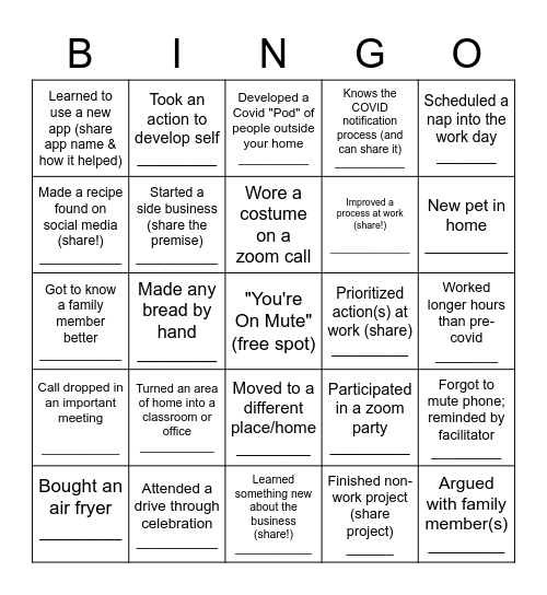 Work-Life Pandemic Bingo Card