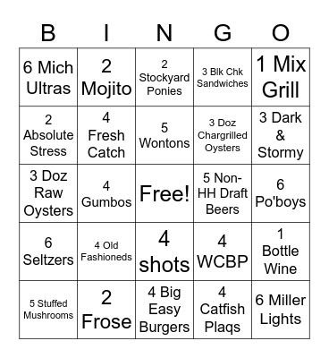 Mahogany Bar Bingo Card