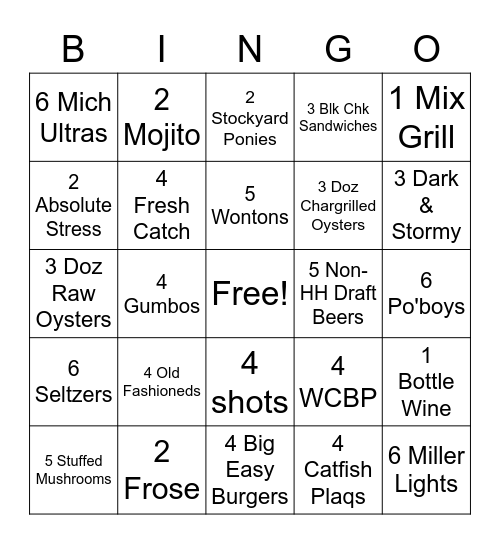 Mahogany Bar Bingo Card