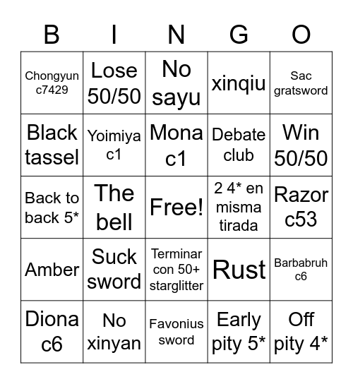 Yoimiya ano Bingo Card