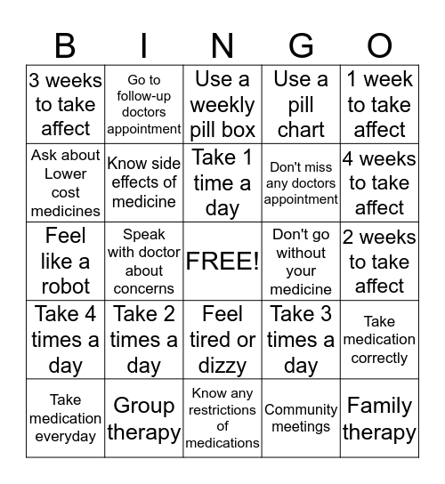 Medication Compliance Bingo Card