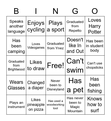 Getting To Know You Bingo Card