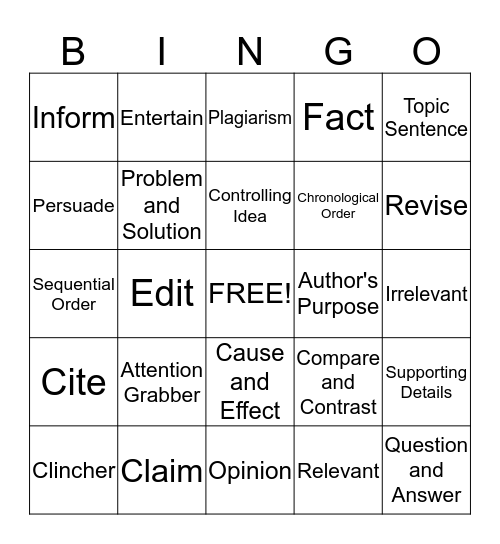 Let's Write Bingo Card