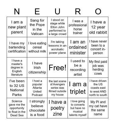 Neuro-Bingo Retreat 2021 Bingo Card