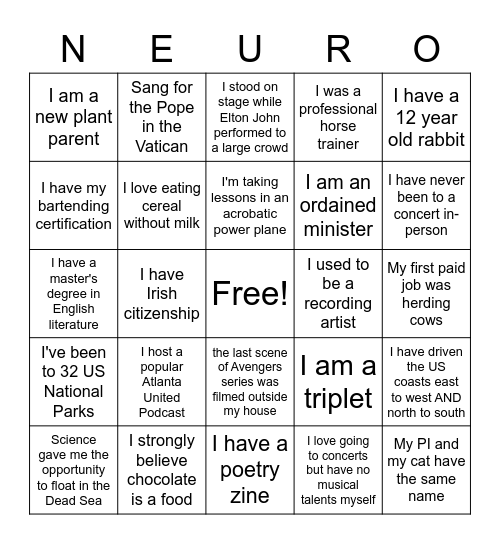 Neuro-Bingo Retreat 2021 Bingo Card