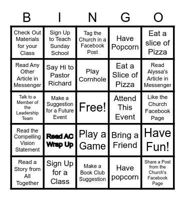 Sunday School BINGO Card