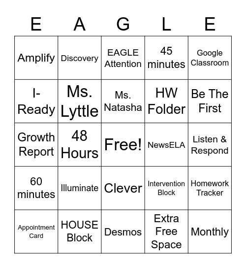 Academic Block: SPELL "EAGLE" Bingo Card