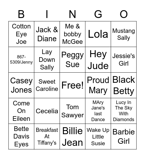 Songs With Names In The Title Bingo Card