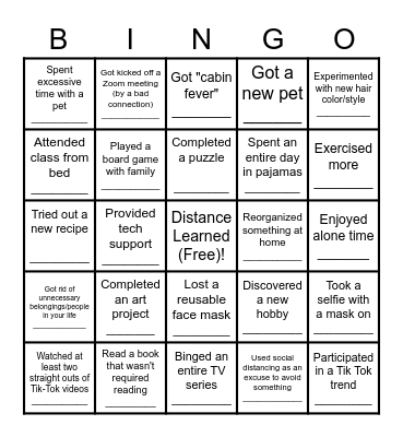 Pandemic Bingo Card