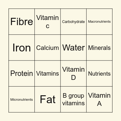 Nutrition Bingo! Bingo Card