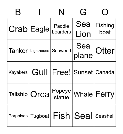 San Juan Islands Trip Bingo Card