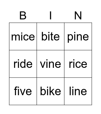 Lesson 8 Long Vowel:i-e Bingo Card
