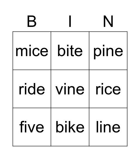 Lesson 8 Long Vowel:i-e Bingo Card