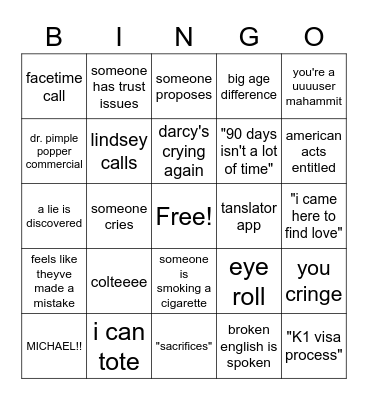 90 day fiance Bingo Card