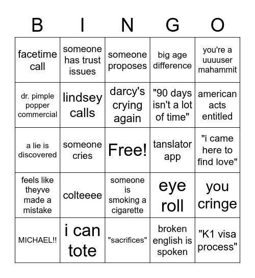 90 day fiance Bingo Card