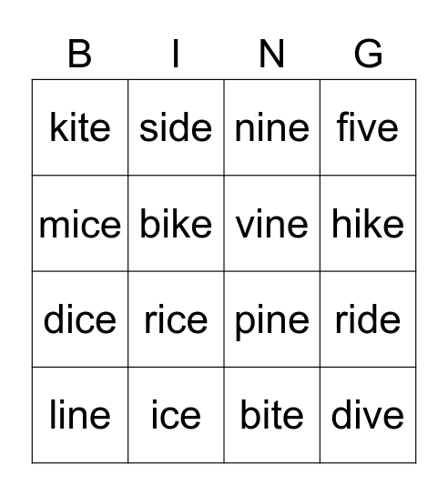 Lesson 8 Long Vowel:i-e Bingo Card