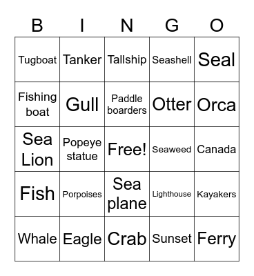 San Juan Islands Trip Bingo Card