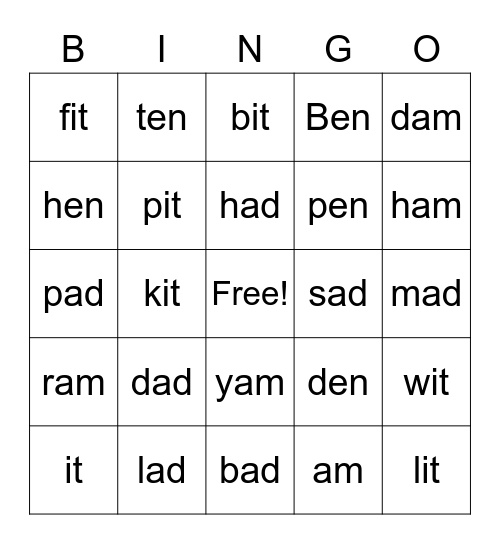 Word Families Bingo Card